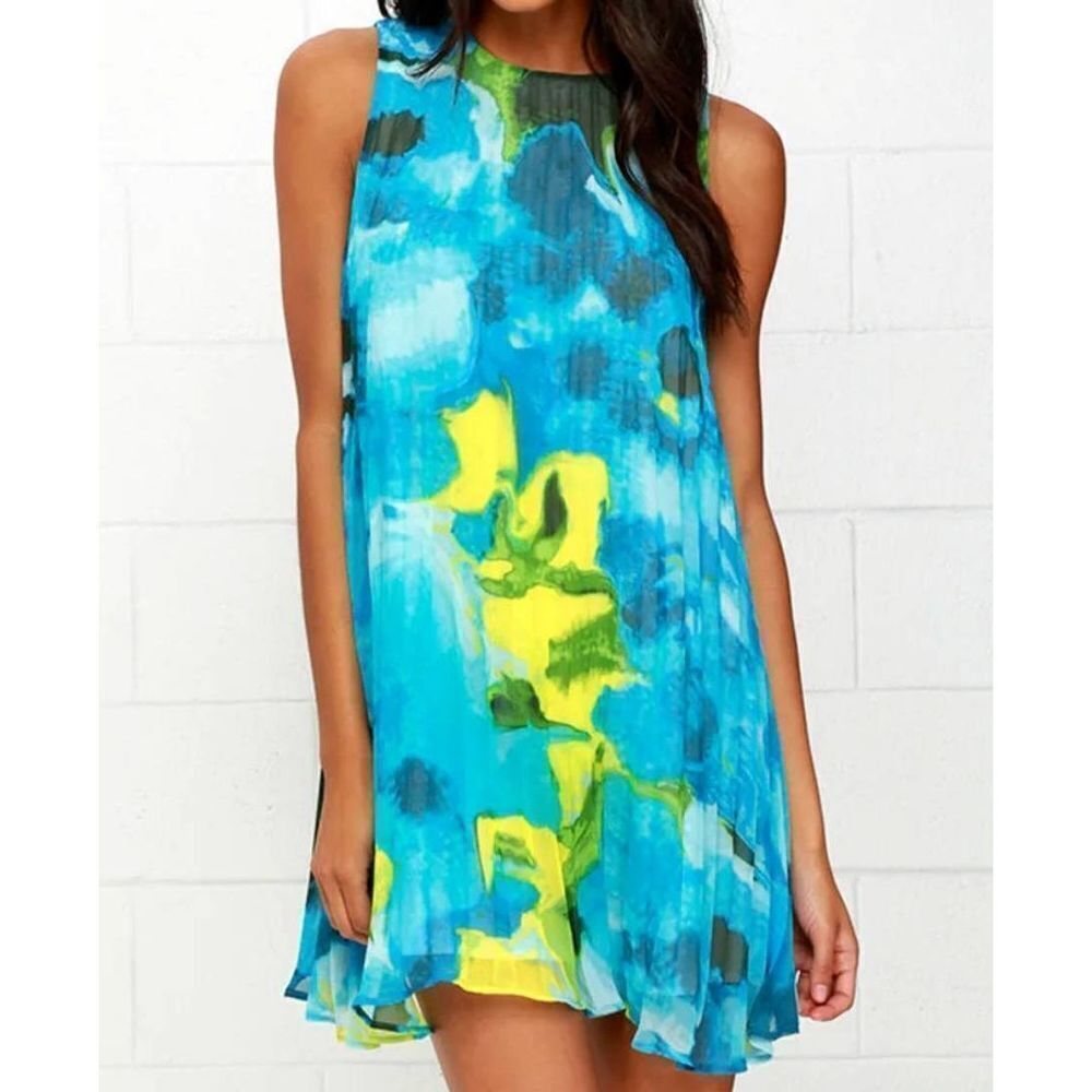 BB Dakota Courtney Blue Floral Print Pleated Shift Dress Large (7353)